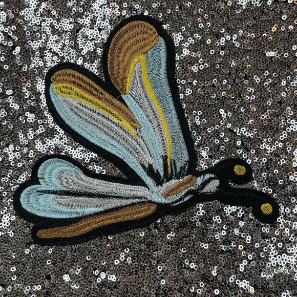 Dragon Fly Applique Silver Sequin Metallic Shimmer Midi Skirt Whimsical Y2K-M - Picture 6 of 11